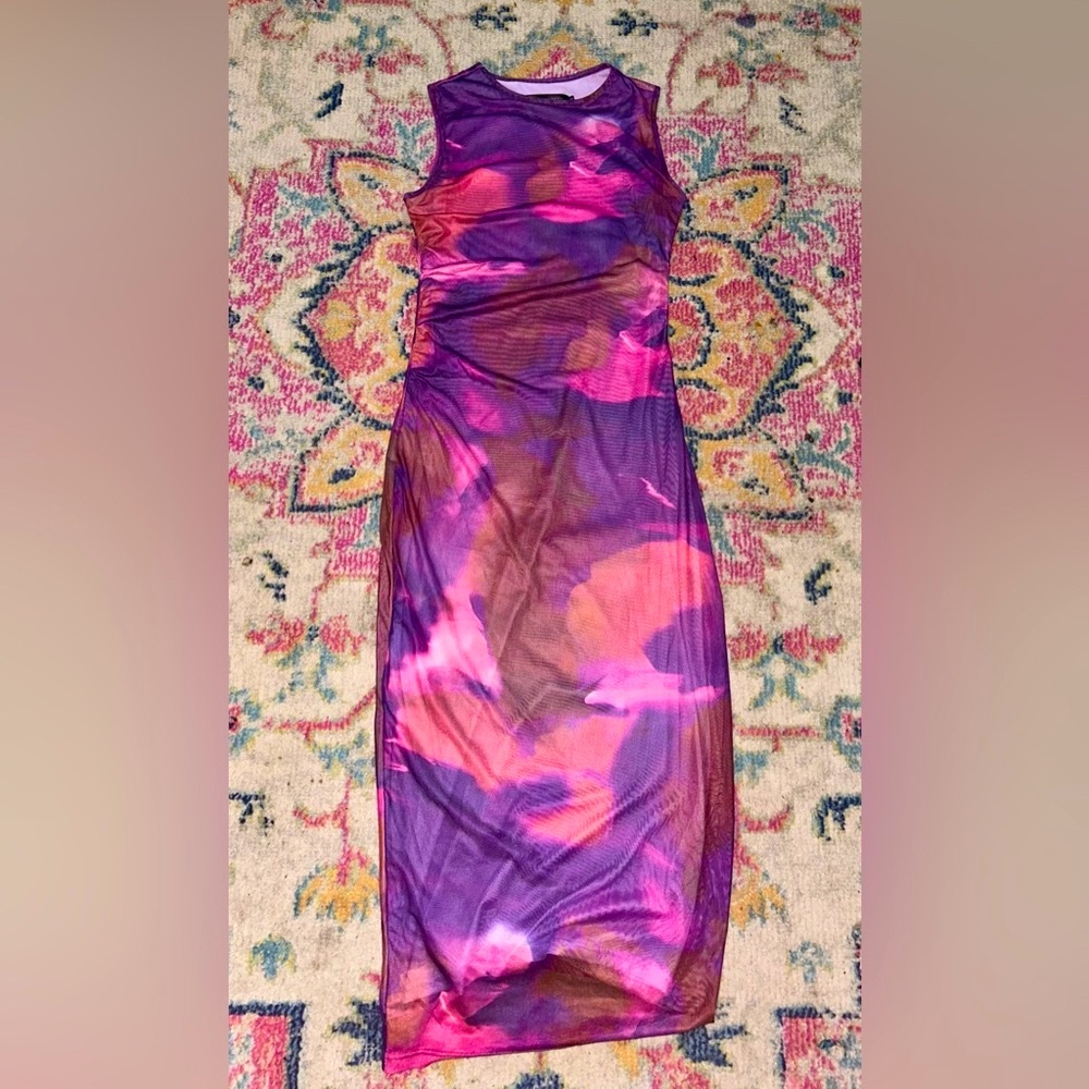 Tie Dye Crew Neck Mesh Cocktail Dress